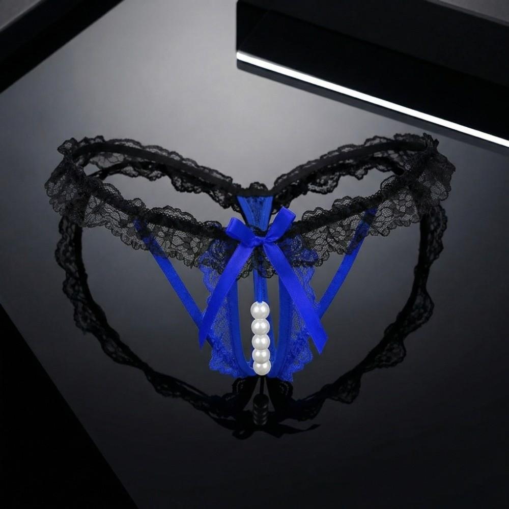 Open Crotch Lace Pearl Panties Low Waist See-through Thong Underwear for Women Ladies Girls
