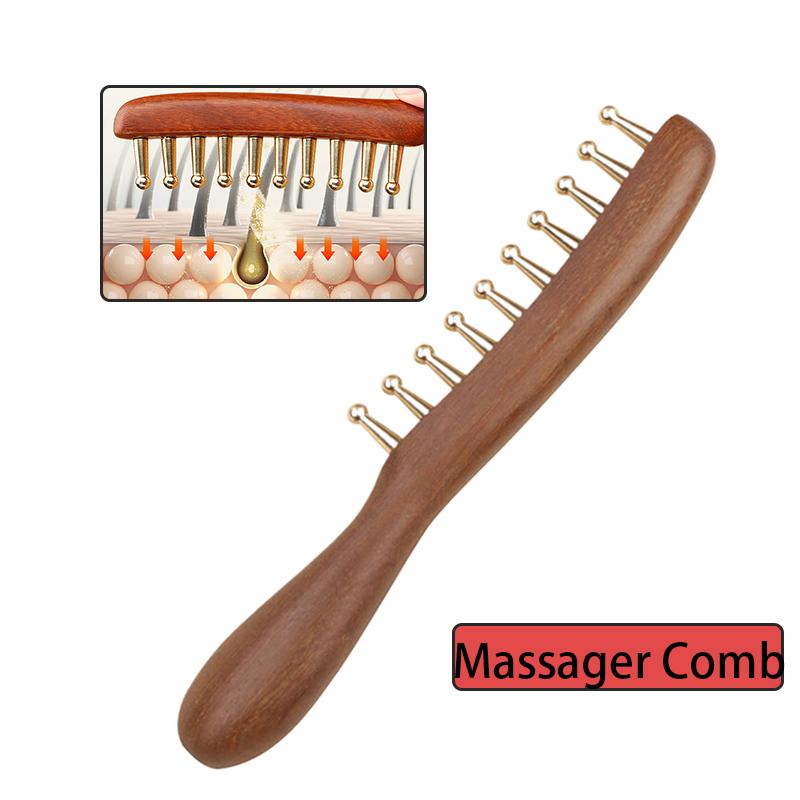 10-Teeth Copper & Wood Massager Comb For Head Meridian Therapy And Relaxation Golden Sandalwood Scraping Guasha Long Handle