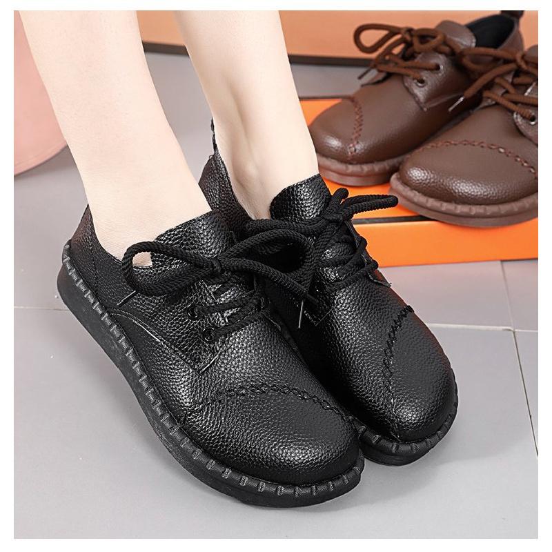 New Women'S Comfort Flats - Leather Lace-Up Shoes With Anti-Slip Cushioned Sole, Spring/Fall Casual Shoes For Mothers