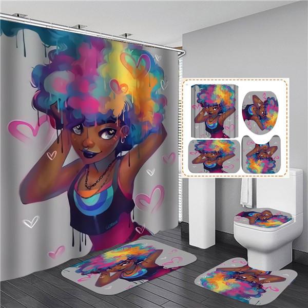4PCS Full Set Bathroom Curtain Set Elegant African Black Woman Shower Curtain Hooks Modern Bath Mat Toilet Lid Cover Anti-slip Bath Mats