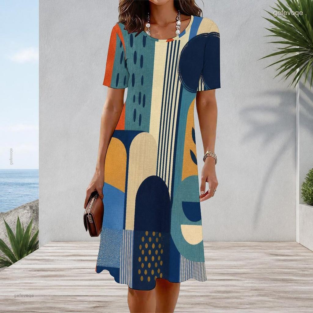Women Plus Size Round Neck Short Sleeve Geometric Printed A Line Midi Dress