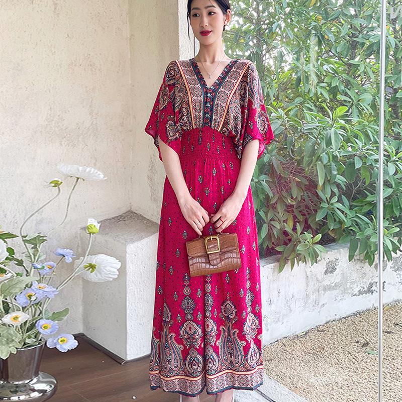 Dame Casual Blomstret V-halskjole Irregulær Tone Casual Rund hals Lang