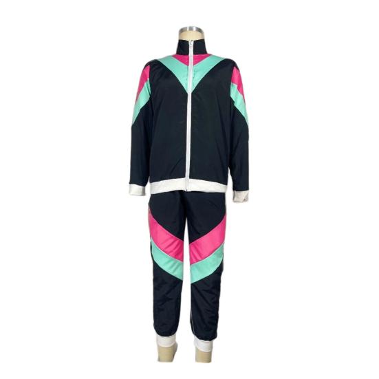 2Pcs/Set Disco Tracksuit Retro 80s Sportswear Long Sleeve Color Block Zipper Jacket High Waisted Long Trousers Set Men Women Party Wear