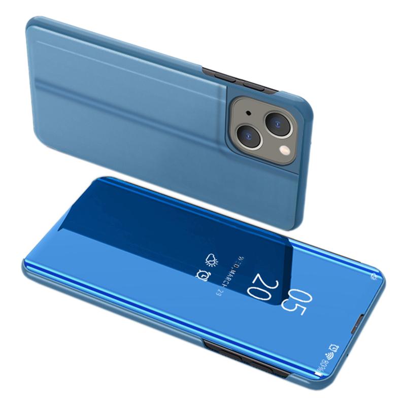 

For iPhone 15 Plus View Window Mirror Surface Phone Case Electroplated Anti-scratch Leather Cover Blue