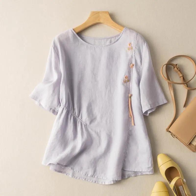 Haut à manches courtes pour femmes avec bouton plat littéraire printemps et été, T-shirt brodé ample vintage