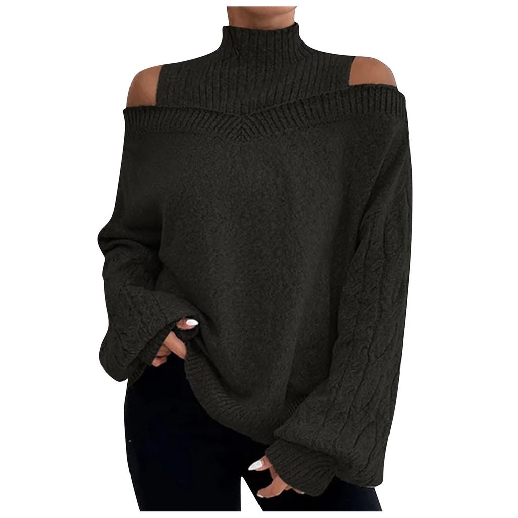 Ladies  And Winter Fashion Off Shoulder Turtleneck Warm Solid Color Long Sleeve Sweater