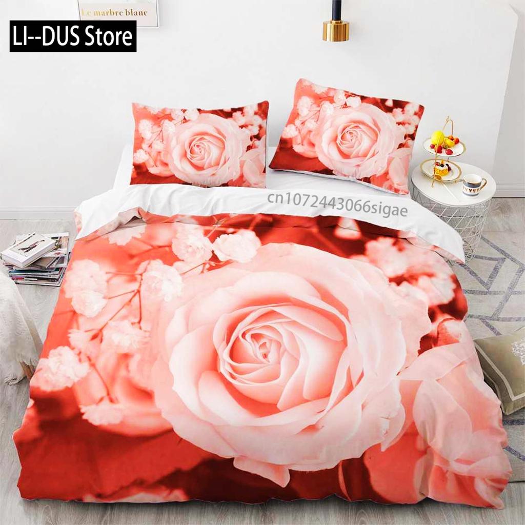 Flower Duvet Cover Set Microfiber Red Rose Bedding Set King Size Floral Print For Valentine's Day Mother's Day Soft Quilt Cover