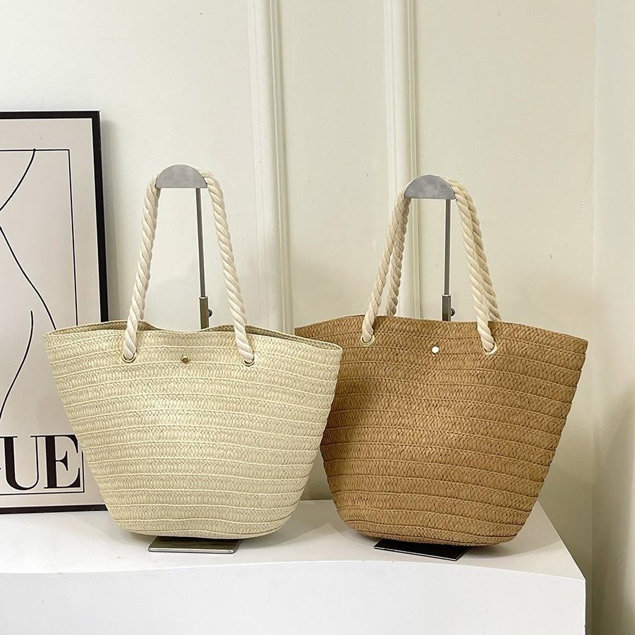 2024 Summer Stylish Large Capacity Woven Tote Bag For Women In Beige And Khaki For Casual Travel