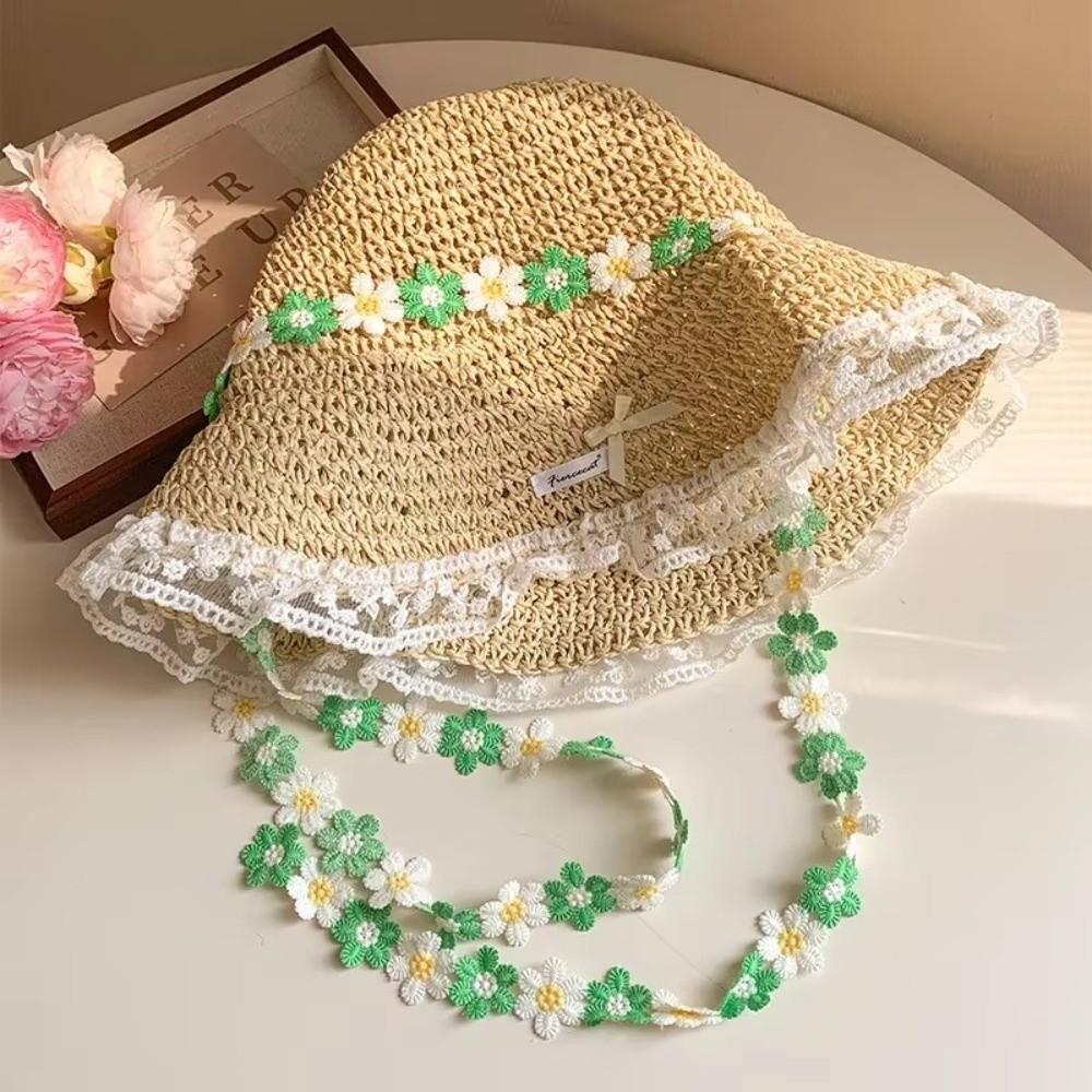 Breathable Flower Straw Hat Lace Trim Beach Hat Women Visor Bucket Hat  Seaside Vacation