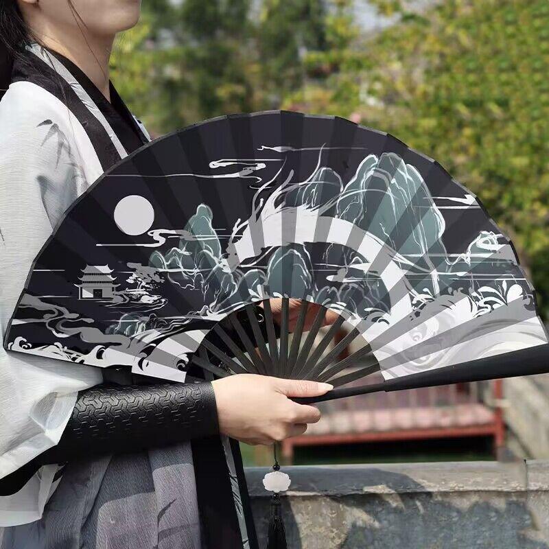 Summer Outdoor Decorative Folding Fan Bamboo And Wood Cloth Face Large Size Double-Sided Hand Fan Home Decoration Chinese Gift