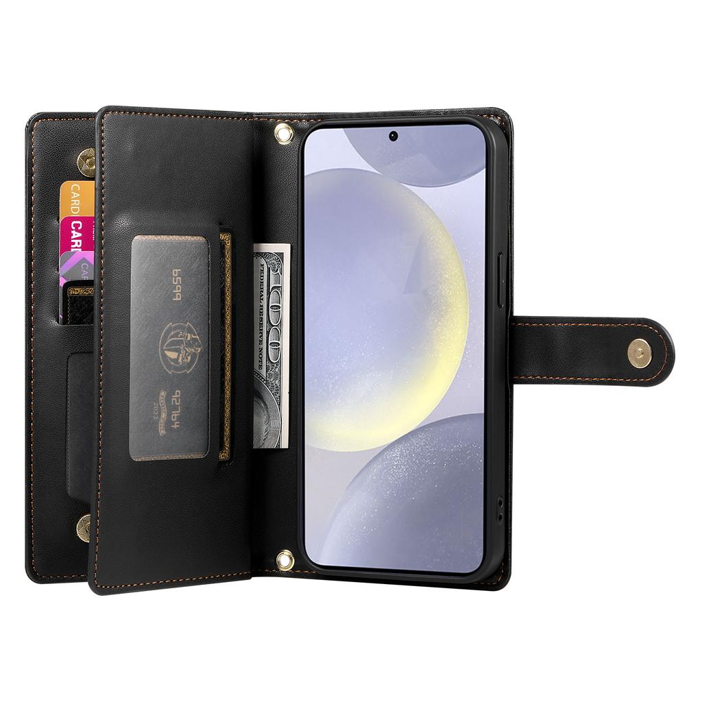 DF-011 For Samsung Galaxy S24+ Case Zipper Pocket Stand Leather Phone Cover with Straps