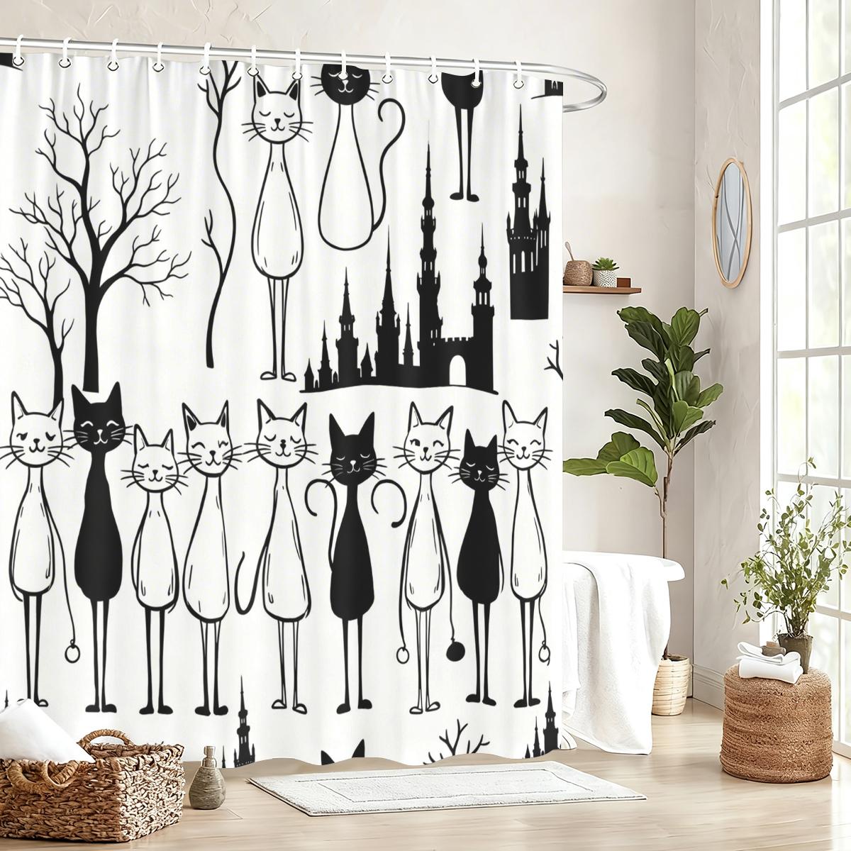 

Whimsical Themed Polyester Shower Curtain - Adorable Cat & Moth Printed Bath Curtain For Home Bathroom Decor W60H190(CM)-1 Pcs