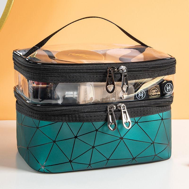 Double-layer cosmetic bag, large capacity and multi-function, multi-layer women's portable travel makeup and skin care product storage, toilet bag.
