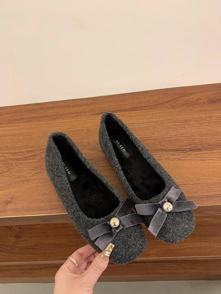 Evening wind shoes French bow inner height increase velvet single shoes fluffy shoes autumn and winter Xiaoxiangfeng women's shoes with skirts
