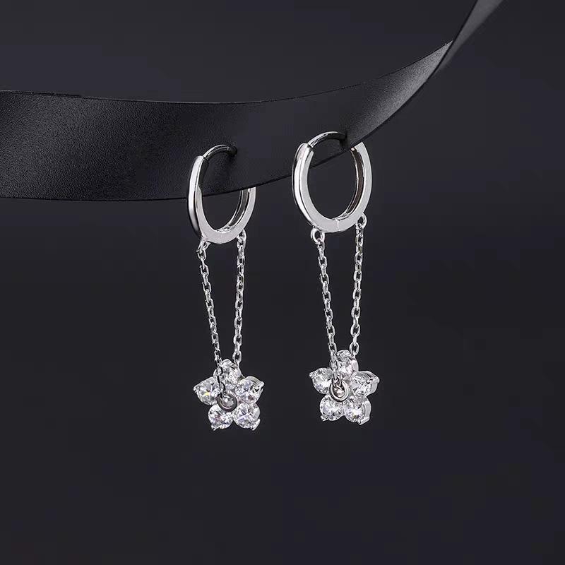 Korean Style Rhinestone Flower Tassel Earrings, S925 Sterling Silver, Versatile Chain Design 925 Silver белого золота