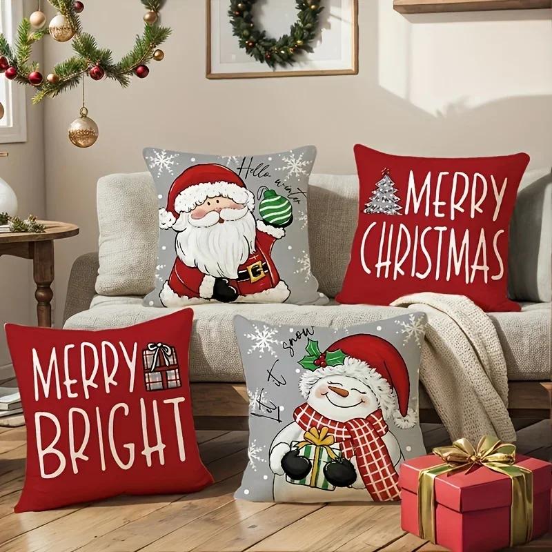 4Pc Christmas Pillow Covers Santa Claus And Snowman Hello Winter Design Zipper Closure Cushion Cover Home Decor Pillowcase
