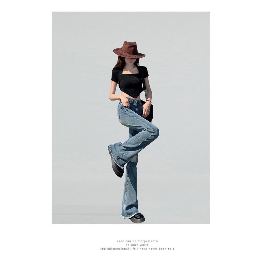 Raw Edge Design Sense Black Gray Micro Flared Jeans Woman