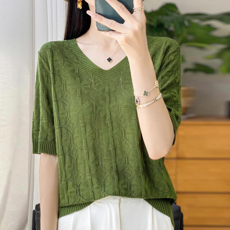 Women Knit T-shirt Summer Knitted Shirt Short Sleeve Tees V-neck Pullover Knit Tops Female