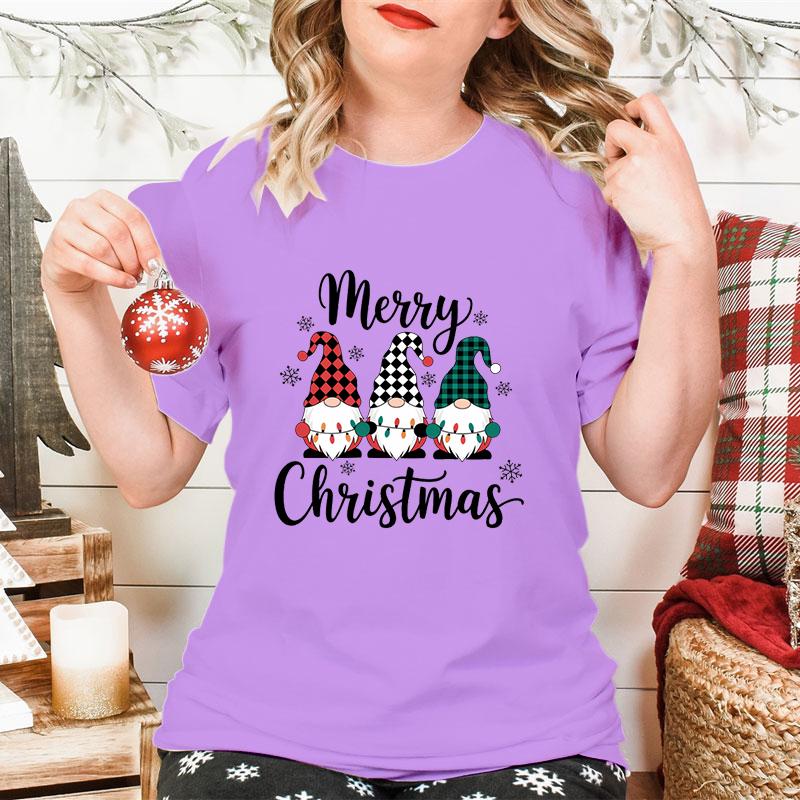 Merry Christmas Gnomes Print Womens Tshirt Fashion Casual Holiday Party Female Tops Tees Short Sleeve Tshirt Women Xmas Gift