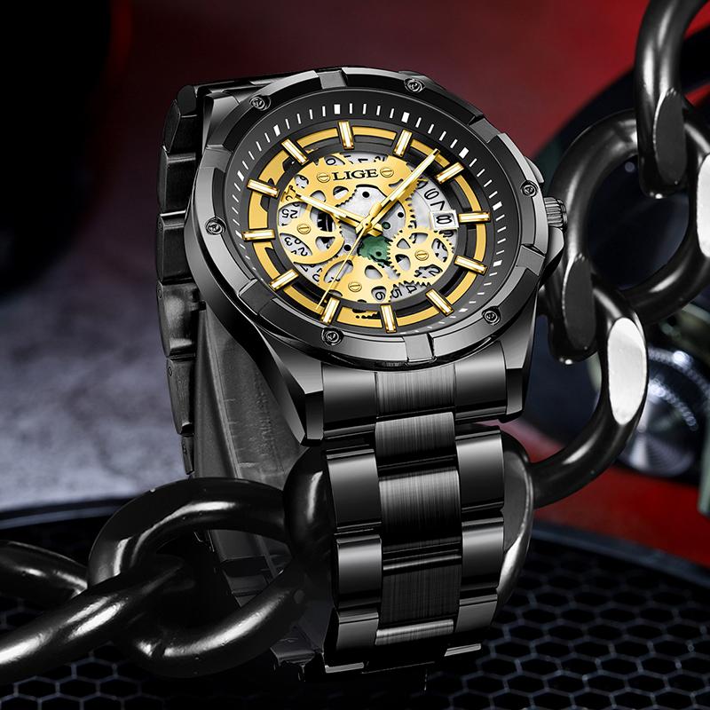 Reloj de Cuarzo para Hombre Negro Esqueleto Hueco Resistente al Agua Reloj para Hombre Deportes al Aire Libre Luminoso Fecha Reloj Masculino Relogios Masculino