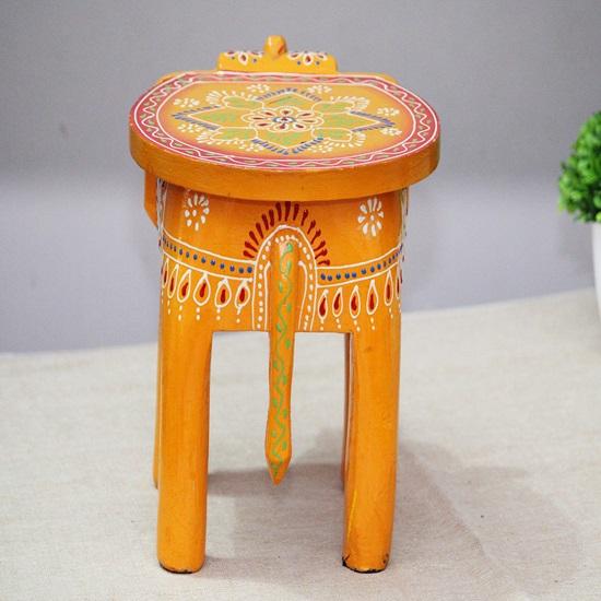Handcrafted And Emboss Painted Wooden Elephant Stool, Cum Side Table, For Home Office Living Or Bedroom Decor