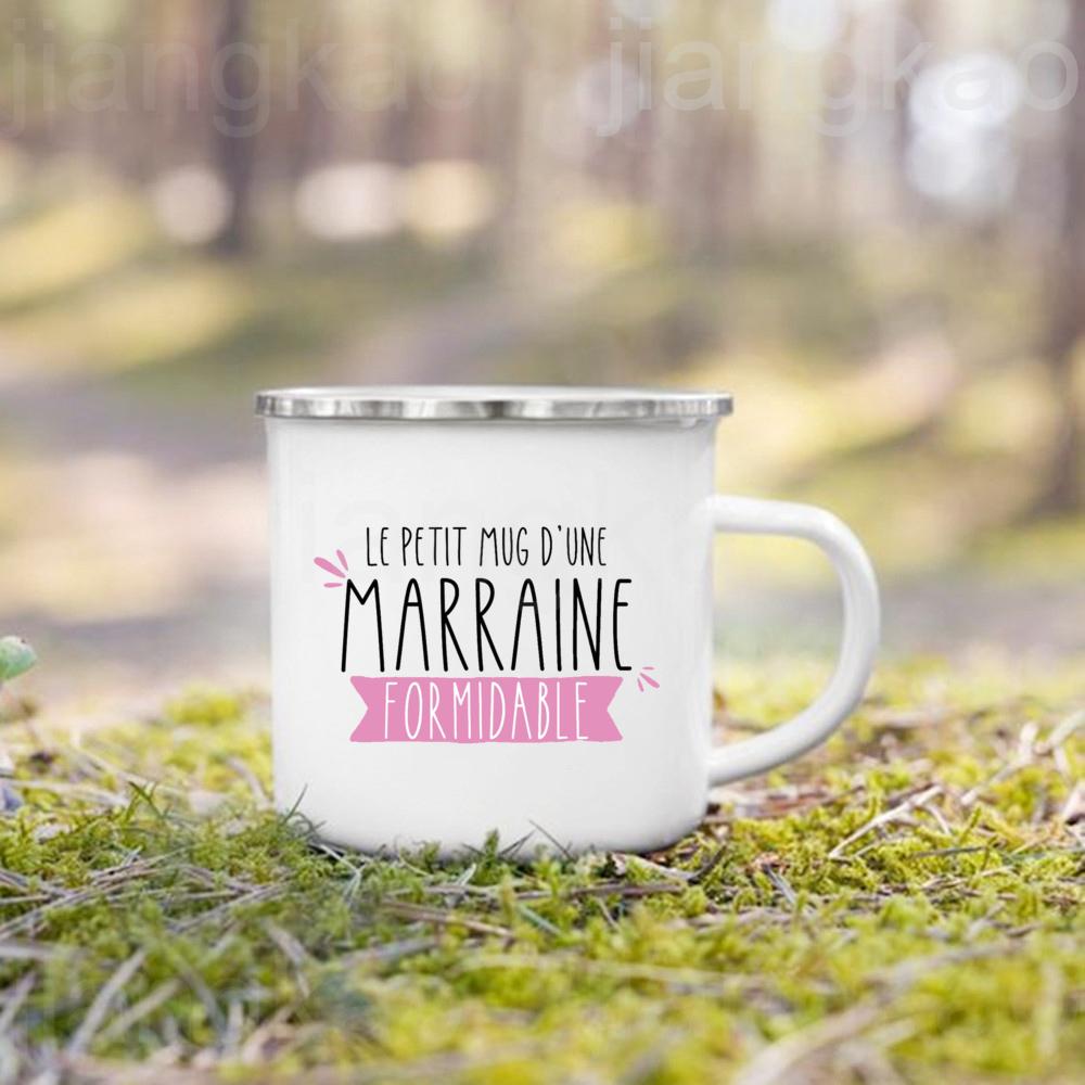 Französische Taufpatin Pate Druck Emaille Kaffeetasse Getränke Milchbecher Campingtassen Bestes Geburtstags-Feiertagsgeschenk für Patentante Patenonkel