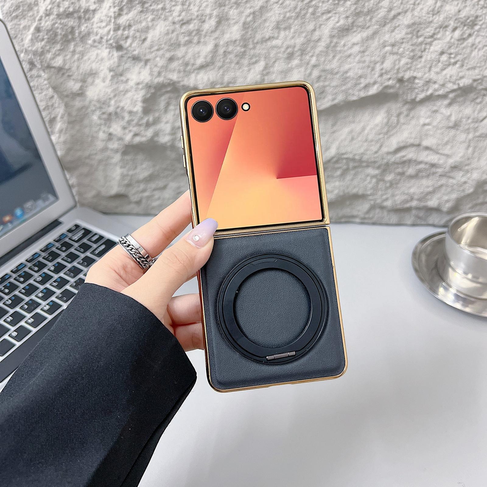 

For Samsung Galaxy Z Flip7 5G Magnetic Case with Rotating Kickstand Nappa Texture PU TPU PC Phone Back Cover Black