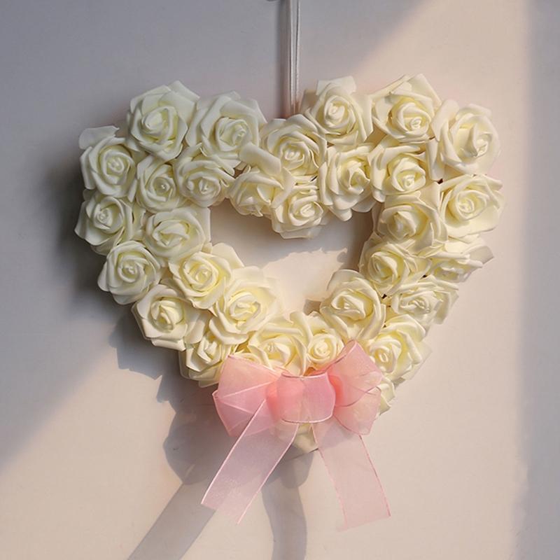 Silk Rose Flower Wreath for Home Wedding Door Decoration Heart Shaped Garlands