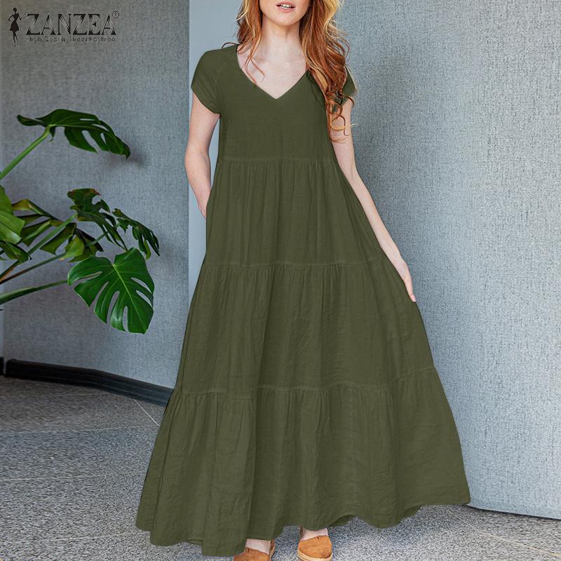 ZANZEA Women Daily Casual Loose V-neck Short Sleeve Long Dress