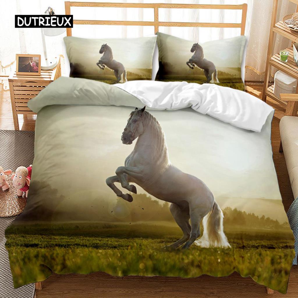Horse Duvet Cover Set 3D Steed Print Comforter Cover Wildlife Bedding Set Animal Polyester Quilt Cover Double Queen King Size