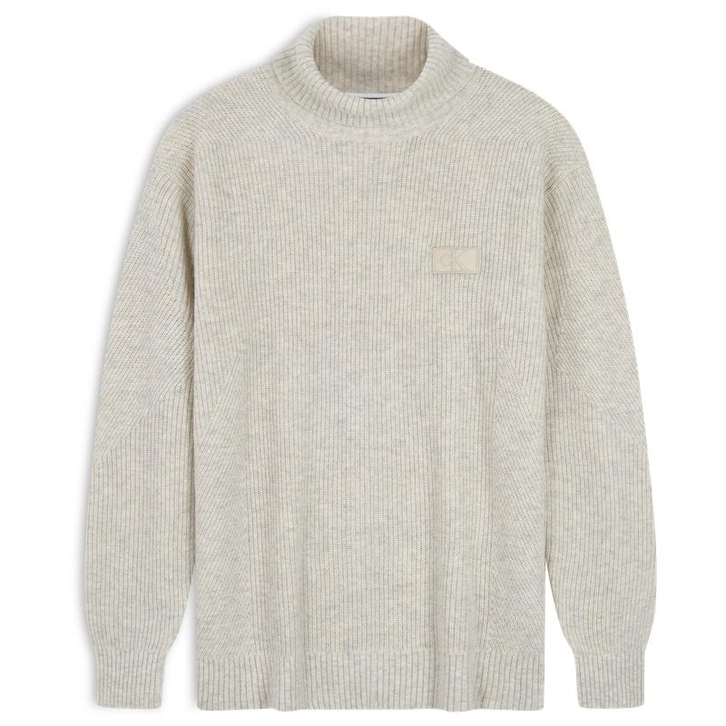 

Calvin Klein Повседневный свитер для通勤 с отложным воротником, классический свитер базовой вязки из смесовой шерсти с вышитым логотипом, мужской свитер J324962 L