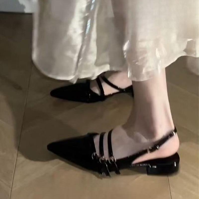 Temperament Pointed Toe Baotou Sandals Women's New Summer Wear Shallow Mouth Metal Buckle Back Empty Low Heel Shoes