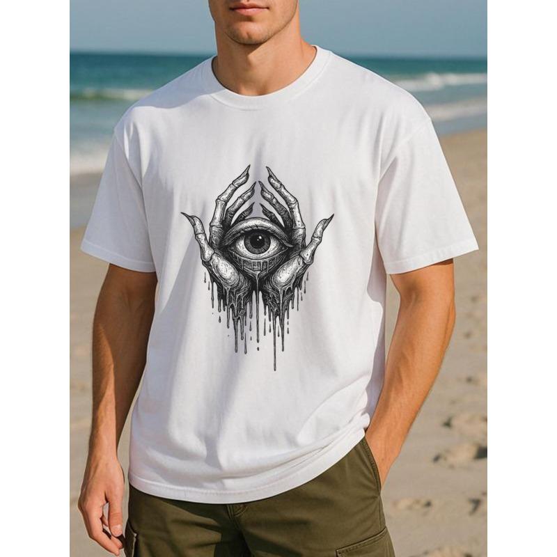 Europäische Größen Herren Print Kurzarmhemd mit Dunklem Mysteriösem Totenkopf Hand und Offenem Auge | Mittlere Elastizität, Modischer Stil