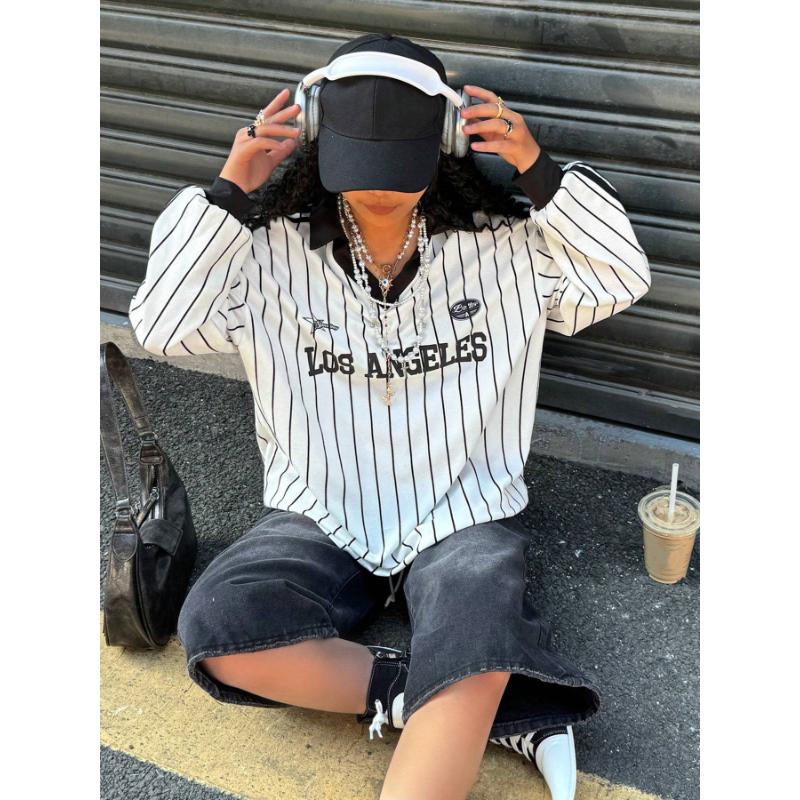 Sweter damski retro w paski z klapami jesienno-zimowy luźny casualowy z nadrukiem liter dzianinowy