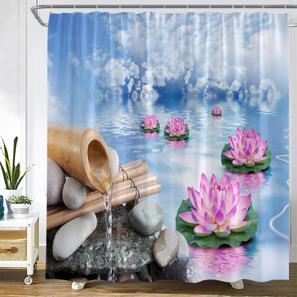 Zen Green Bamboo Shower Curtain Pink Flower Plant Black Stone Spa Garden Scenery Wall Hanging Fabric Bathroom Decor Curtains S
