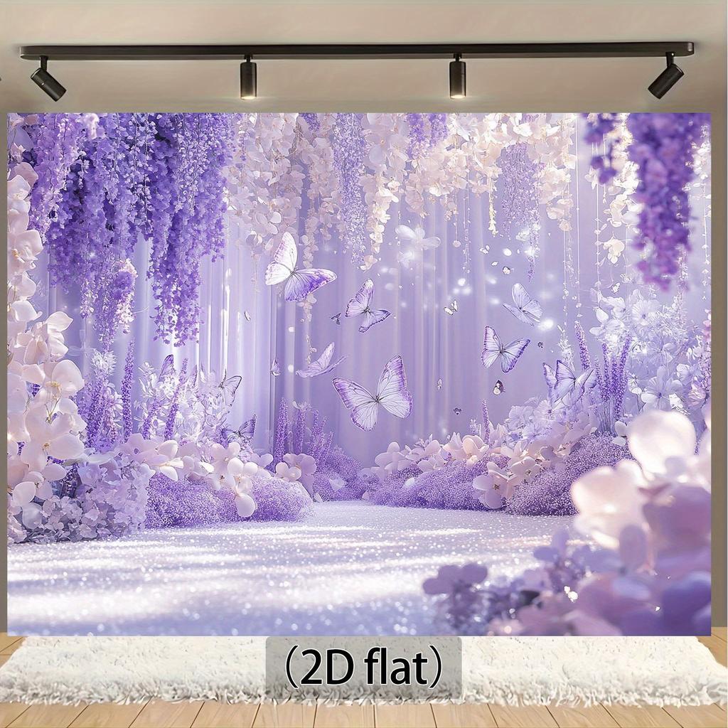 2D plan, 1 yellow garden background banner, lavender and purple wisteria design, elegant wedding, birthday party, photo