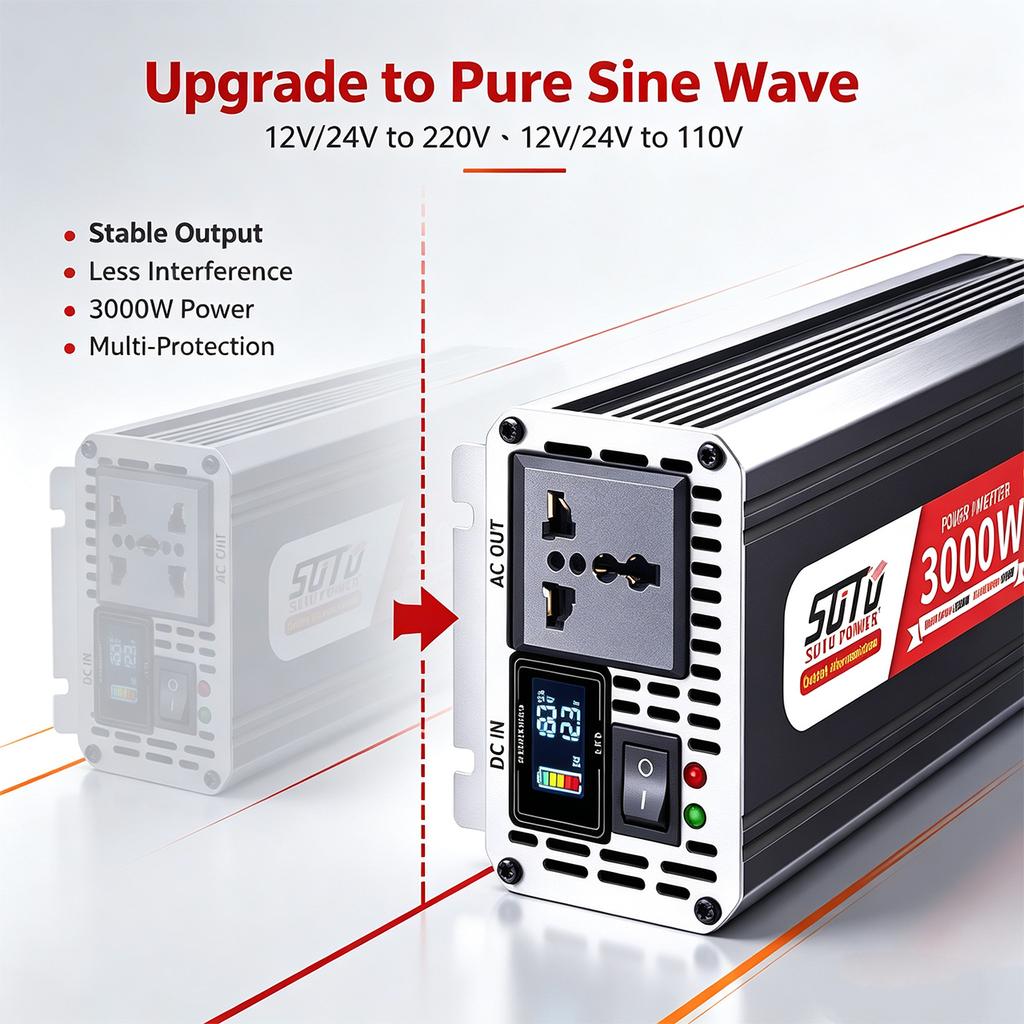 Pure Sine Wave Inverter 3000W 12V24V to 220V 50Hz to 110V 60Hz Car Home Battery Solar Power Converter Socket