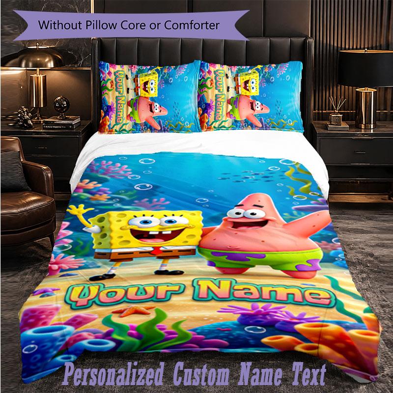 Personalized 3Pcs Bedding SetSpongeBob Custom Text Duvet Cover Pillowcase Set Bedroom Gift