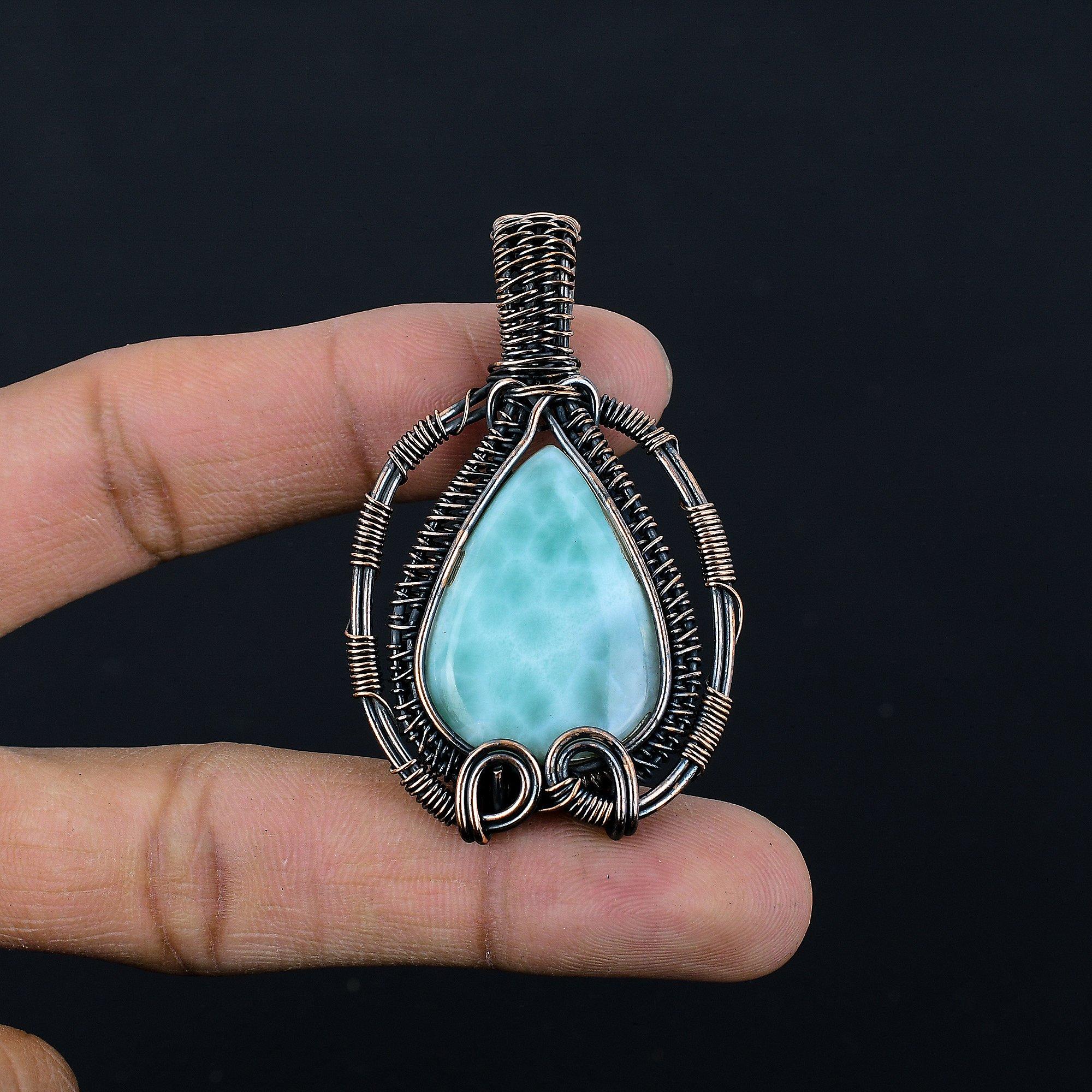 

Republic Larimar Pendant, 999 Copper Wire Wrapped Jewelry, Gemstone Jewelry Pendant, Handmade Wedding Gift Jewelry 2.55 Inches