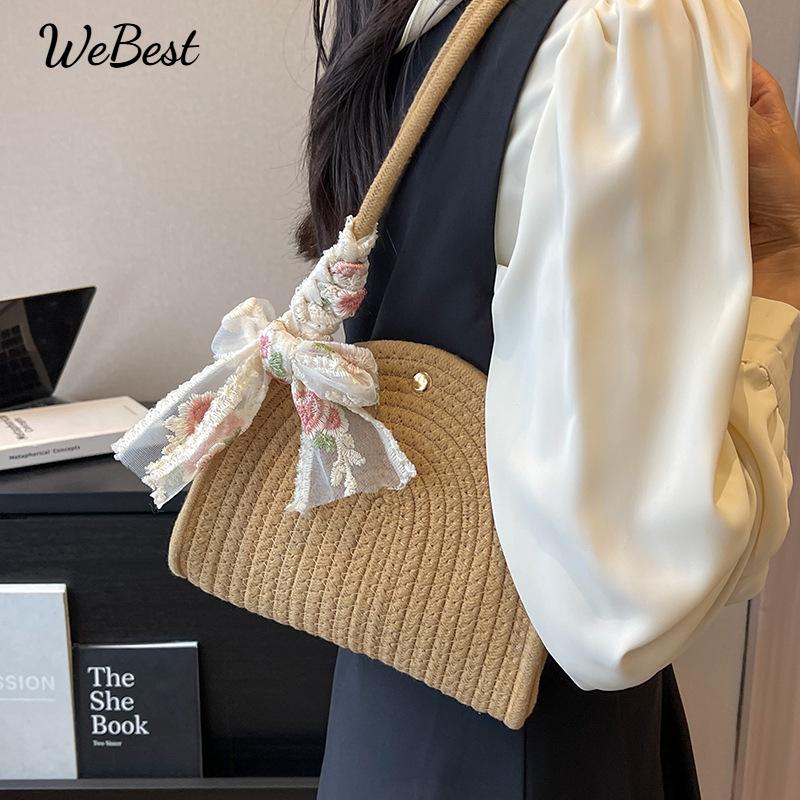 

French Style Woven Baguette Shoulder Cotton Rope Handbag