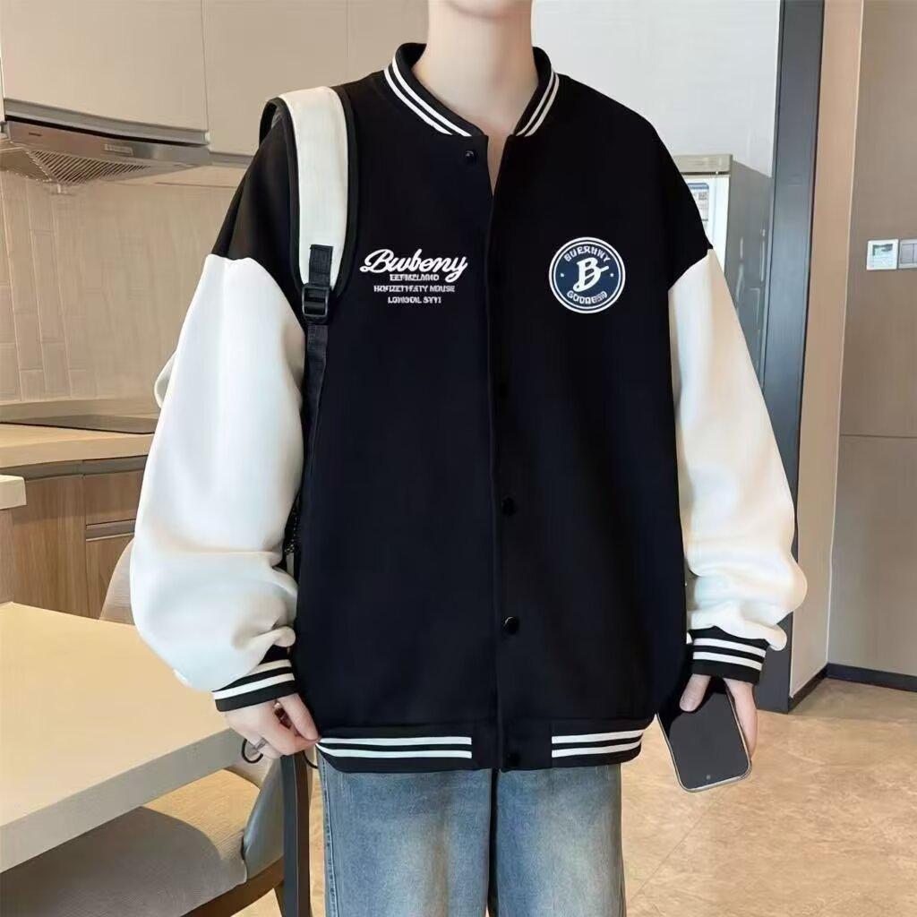 American Size Black & White Trendy Retro Men's Color Block Baseball Jacket for Spring/Summer