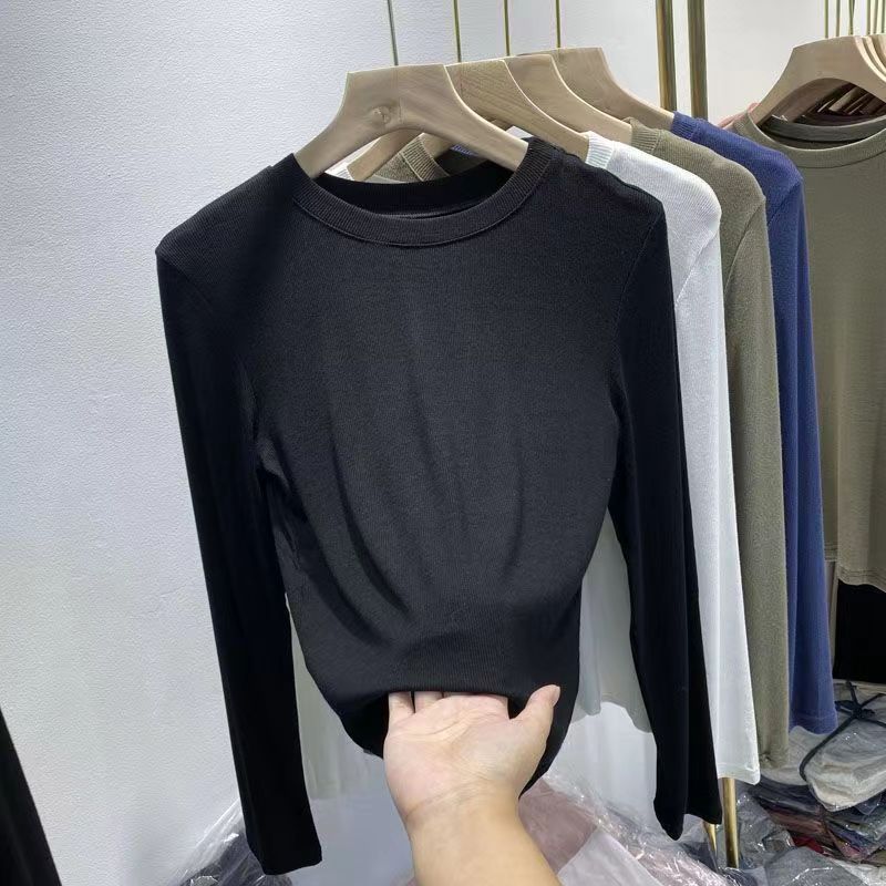 Lady Basic O-Neck Slim T-Shirt Women Solid Multi Color All-Match Trend Casual Top Screw Thread Long Sleeve Elastic