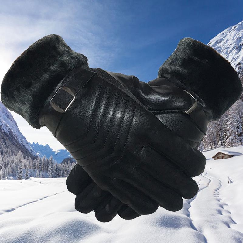 Men's and Women's Thick Plus Velvet Leather Gloves: Windproof, Non-slip for Cycling and Motorcycling