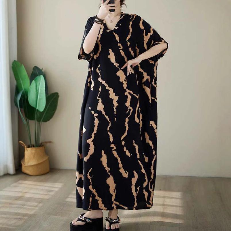 Summer Plus Size Loose Fit Vacation V-Neck Short Sleeve Maxi Dress Women Beach