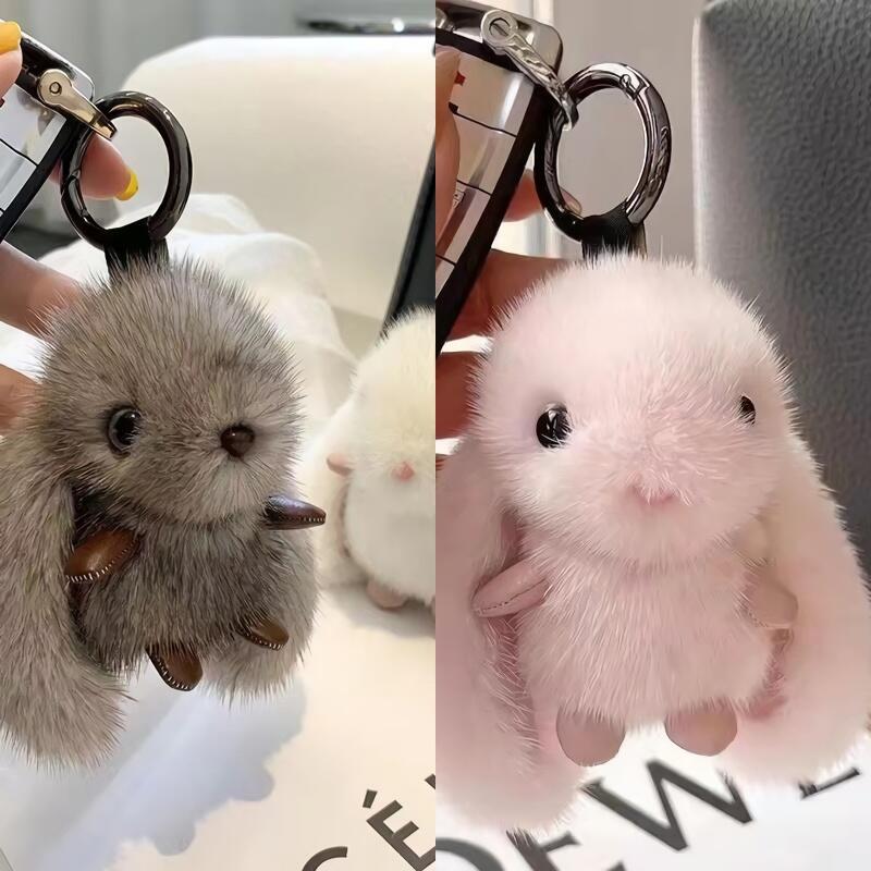 

3color mink fur rabbit bag hanger keychain key ring cream