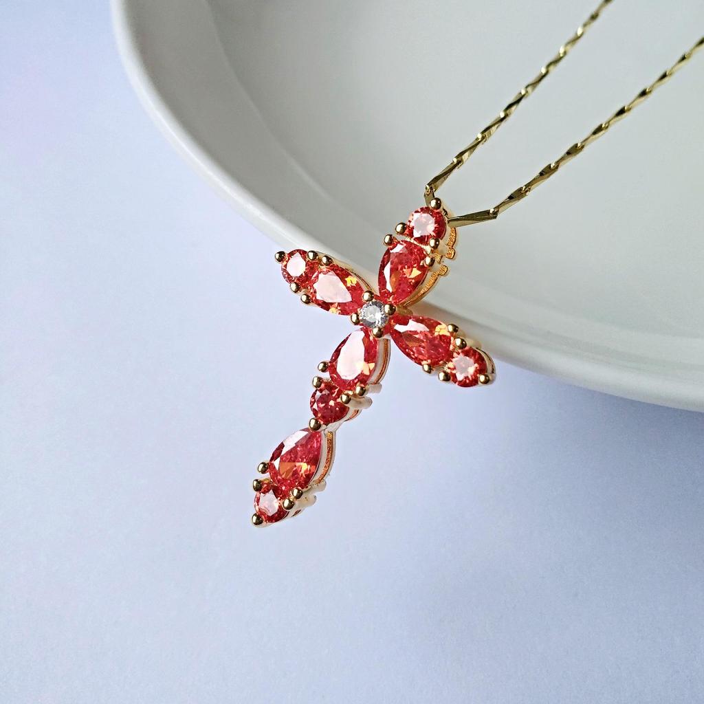 Retro Pigeon Blood Ruby Cross Pendant Clavicle Chain Necklace