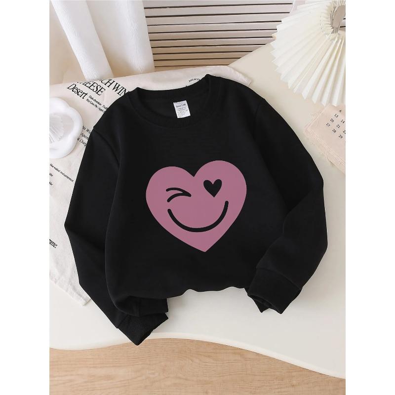 Girls' Crewneck Sweatshirt - Heart Joyful Winking Eye Heart Eye Machine Washable, Spring And Autumn