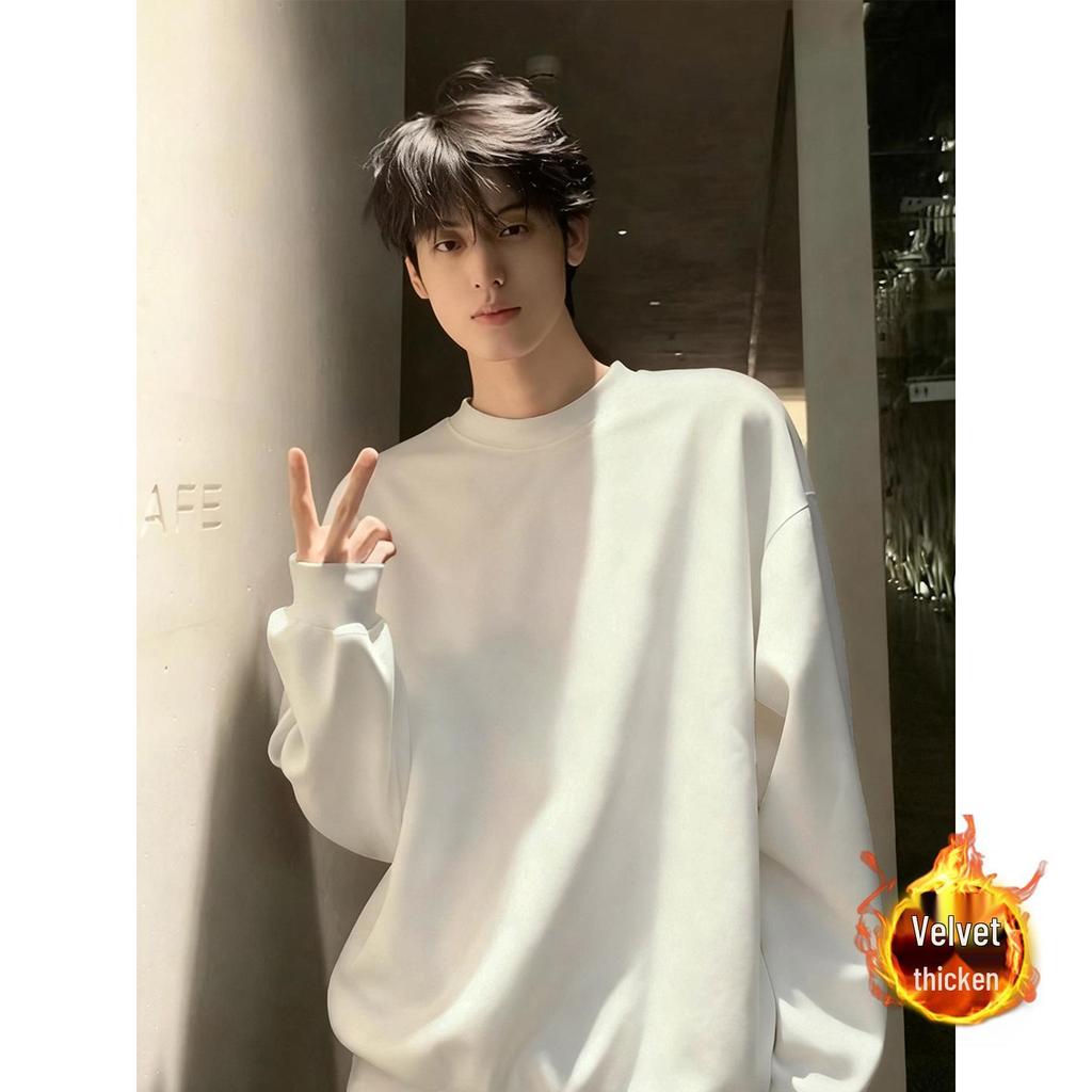 Men's Heavyweight White-Gray Fleece Hoodie: Autumn/Winter Loose Fit, Round Neck Long-Sleeve Pullover