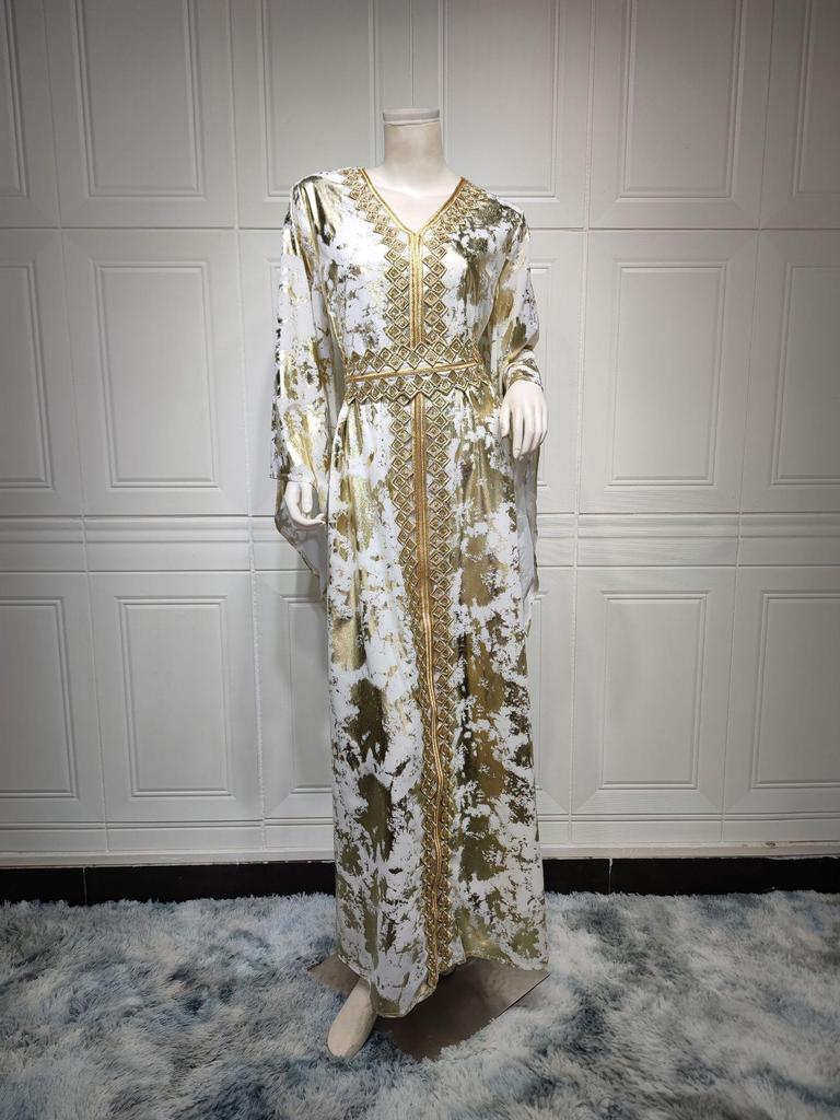 2023 Spring Chiffon Belted Long Robe Dress with Hot Stamping for Muslim Women