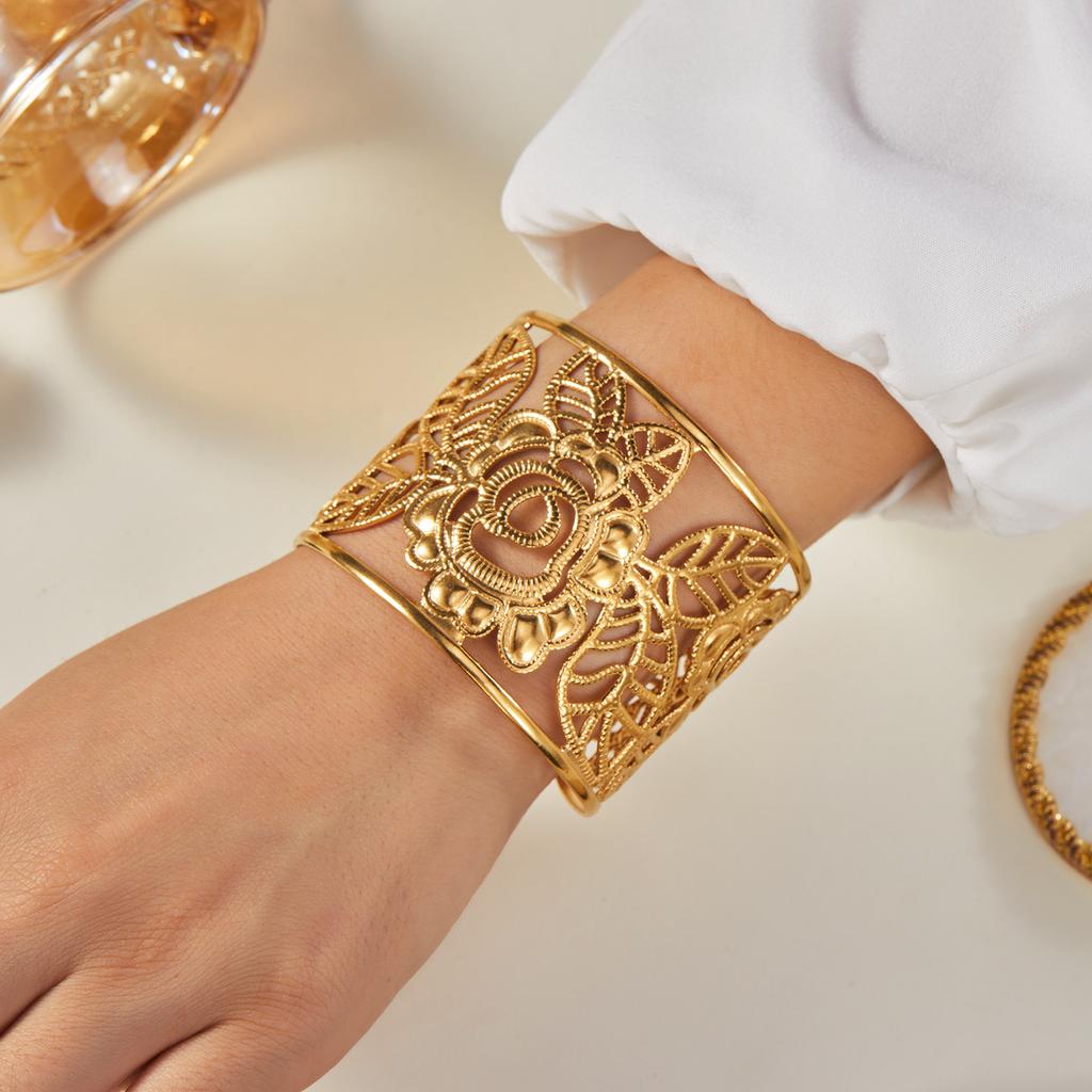 Delicate Pressed Flower Stainless Steel Bracelet for Women Vintage Bow Heart Pattern Dot Bangle Friendship Jewelry Gifts